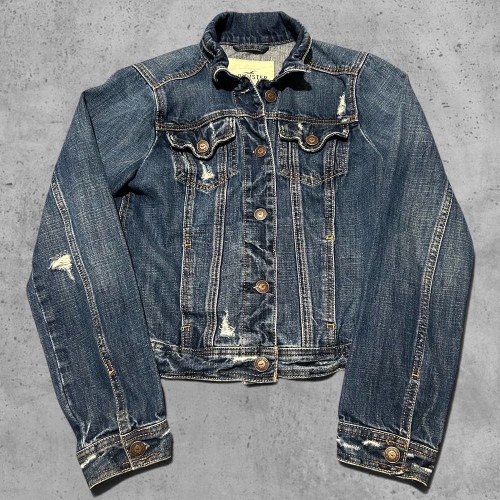 Hollister Distressed Denim Trucker Jacket Blue Y2K Retro Skater Size Small
